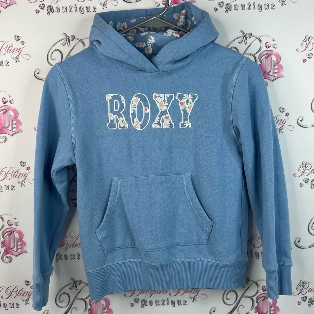 Roxy sweater hoodie pull over  y2k soft Light Blue Floral Logo Hoodie flowers
